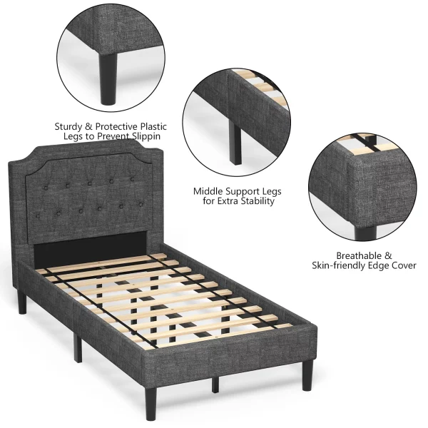 Costway Twin Upholstered Platform Bed Frame Linen Headboard Mattress Foundation, Grey - Image 9