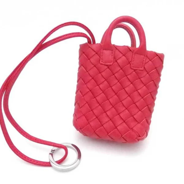 Pre-Owned Bottega Veneta BOTTEGAVENETA Charm Key Ring Case Intrecciato Leather/Metal Red x Silver Unisex (Good)