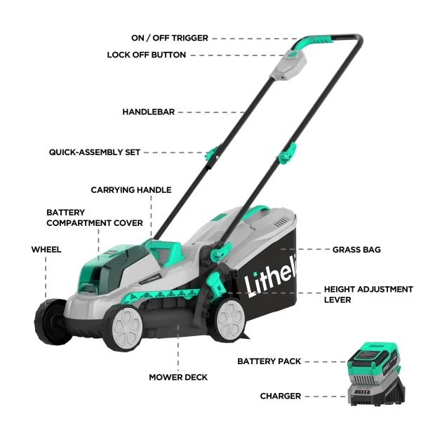 Litheli 20V 13 Cordless Lawn Mower 16.34 in with Brushless Motor + 4.0Ah Battery & Charger 27.3 lb, Manpower driven - Image 3