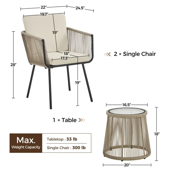 Yaheetech 3-Piece Outdoor Metal Frame Wicker Bistro Set, Tan/Cream - Image 10