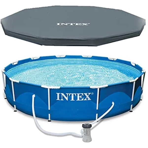 Intex 12 Ft x 30 Inches Metal Frame Set Above Ground Swimming Pool with Filter & Cover - Image 9