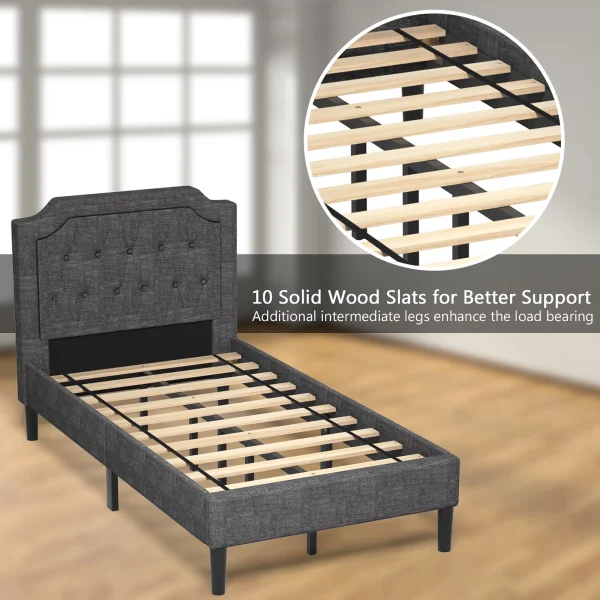 Costway Twin Upholstered Platform Bed Frame Linen Headboard Mattress Foundation, Grey - Image 7