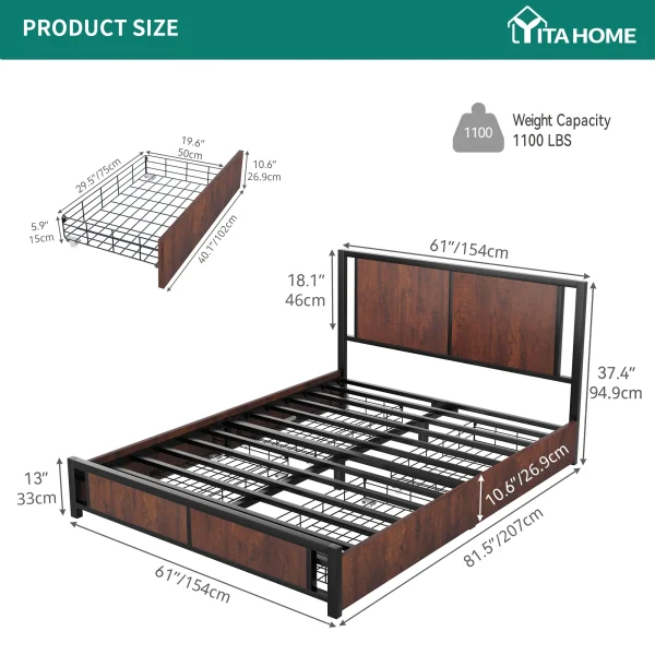 Dextrus Queen Size Bed Frame, Metal Platform Bed with 4 Drawers, Rustic Wooden Storage Bed Frame Mattress Foundation No Box Spring Needed, Vintage Brown - Image 7