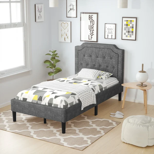 Costway Twin Upholstered Platform Bed Frame Linen Headboard Mattress Foundation, Grey - Image 2