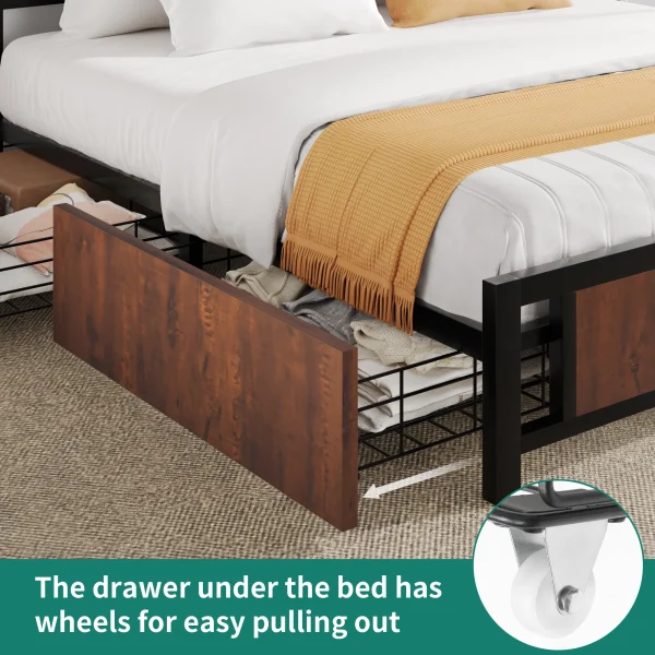 Dextrus Queen Size Bed Frame, Metal Platform Bed with 4 Drawers, Rustic Wooden Storage Bed Frame Mattress Foundation No Box Spring Needed, Vintage Brown - Image 3