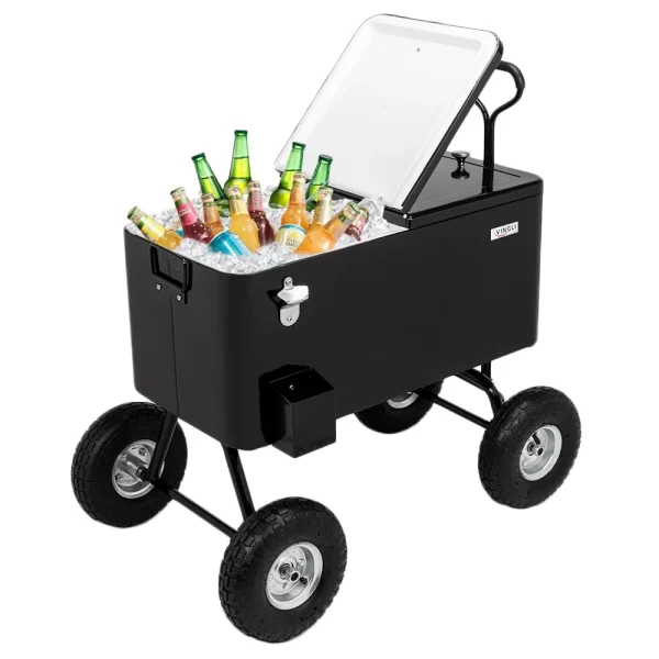 VINGLI 80 Quart Wagon Rolling Cooler Ice Chest, w/Long Handle and 10 Wheels, Portable Beach Patio Party Bar Cold Drink Beverage , Outdoor Park Cart on Wheels