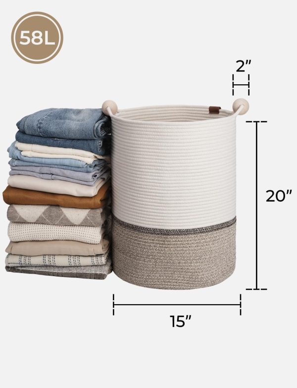 StorageWorks 58L Cotton Rope Laundry Basket with Wooden Beads Handles - Image 2