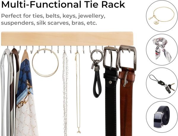 StorageWorks Tie Rack with Hooks, Wall-Mounted Wooden Hangers - Image 5