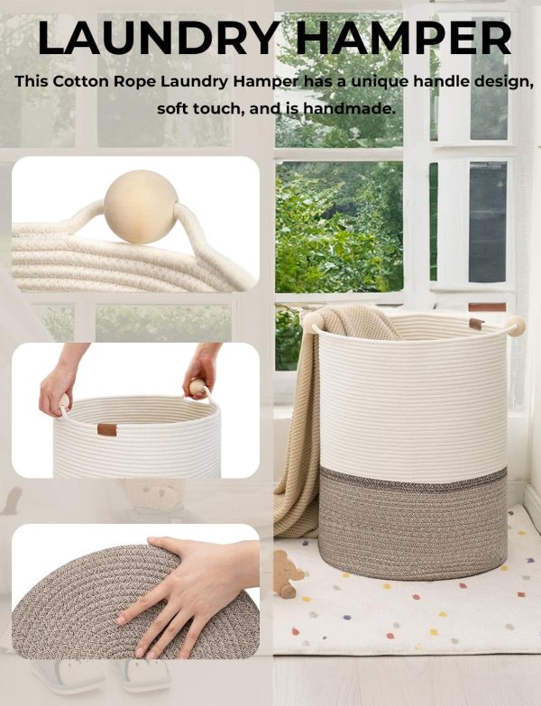 StorageWorks 58L Cotton Rope Laundry Basket with Wooden Beads Handles - Image 3