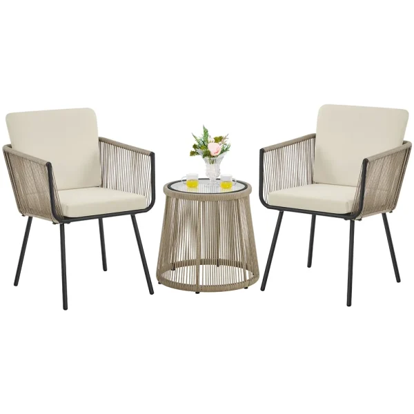 Yaheetech 3-Piece Outdoor Metal Frame Wicker Bistro Set, Tan/Cream
