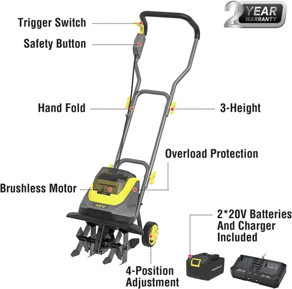 PowerSmart 40V 12-inch Cordless Garden Tiller/Cultivator , 23.4 x 14 x 12.8 inches - Image 2