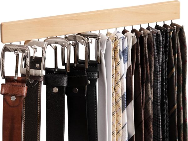 StorageWorks Tie Rack with Hooks, Wall-Mounted Wooden Hangers