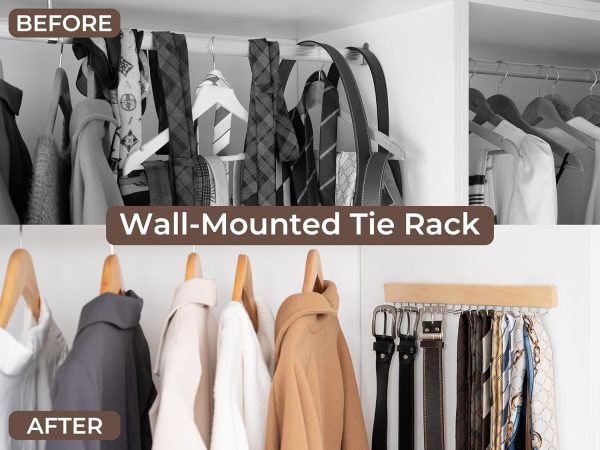 StorageWorks Tie Rack with Hooks, Wall-Mounted Wooden Hangers - Image 4