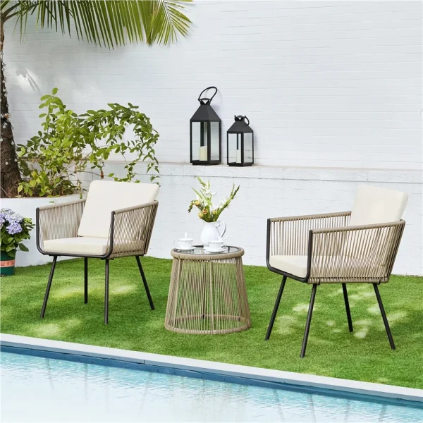 Yaheetech 3-Piece Outdoor Metal Frame Wicker Bistro Set, Tan/Cream - Image 2