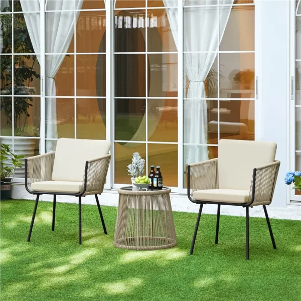 Yaheetech 3-Piece Outdoor Metal Frame Wicker Bistro Set, Tan/Cream - Image 3