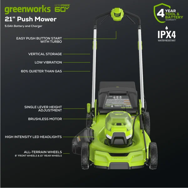 Greenworks 60V 21 Push Lawn Mower with 5.0 Ah Battery & Charger 2546502 - Image 2