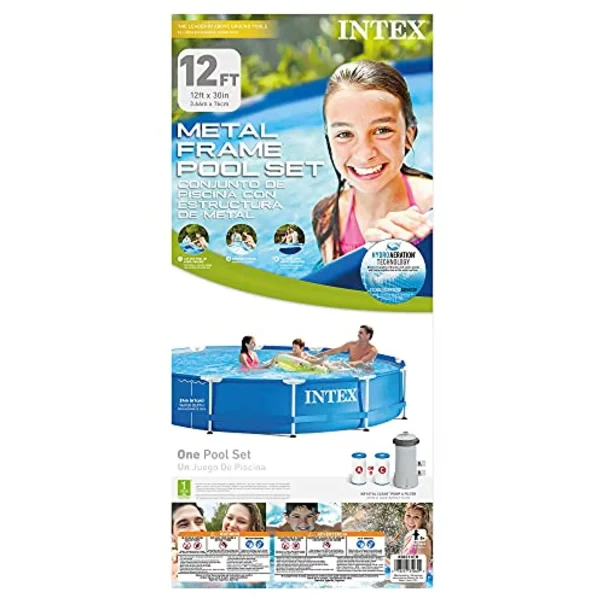 Intex 12 Ft x 30 Inches Metal Frame Set Above Ground Swimming Pool with Filter & Cover - Image 7