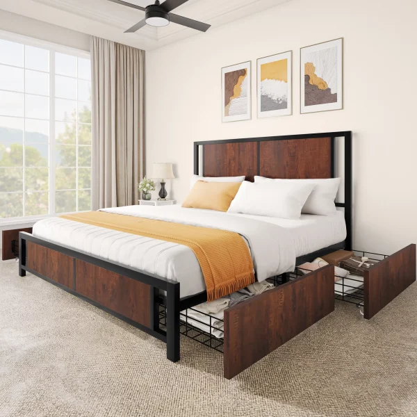 Dextrus Queen Size Bed Frame, Metal Platform Bed with 4 Drawers, Rustic Wooden Storage Bed Frame Mattress Foundation No Box Spring Needed, Vintage Brown