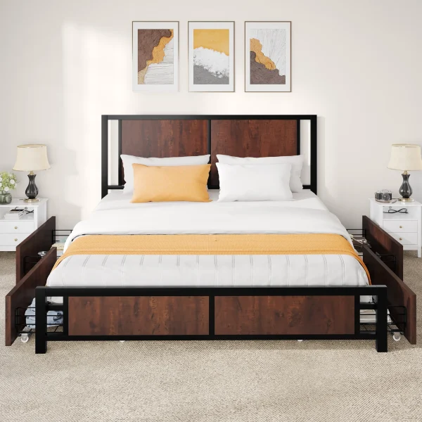 Dextrus Queen Size Bed Frame, Metal Platform Bed with 4 Drawers, Rustic Wooden Storage Bed Frame Mattress Foundation No Box Spring Needed, Vintage Brown - Image 5