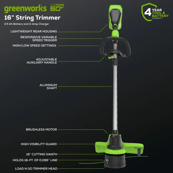 Greenworks 60V 16" Front Mount String Trimmer + 2.5Ah Battery & 3A Charger 2134302 - Image 2