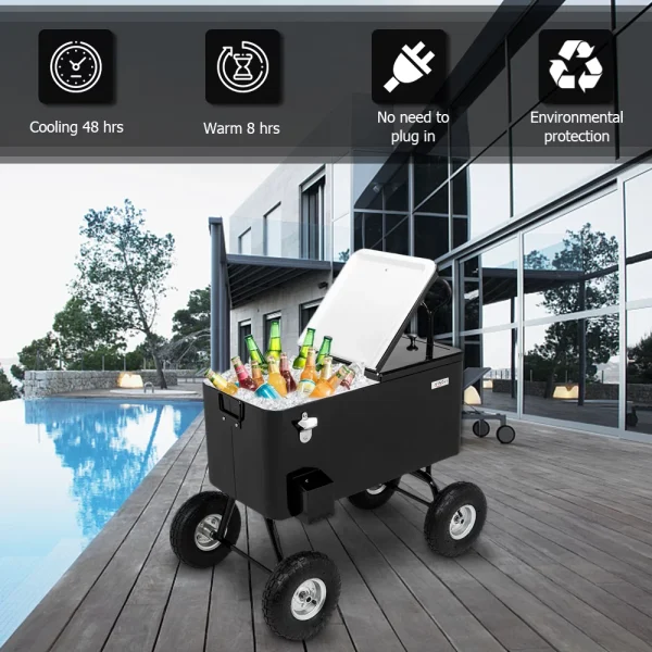 VINGLI 80 Quart Wagon Rolling Cooler Ice Chest, w/Long Handle and 10 Wheels, Portable Beach Patio Party Bar Cold Drink Beverage , Outdoor Park Cart on Wheels - Image 3