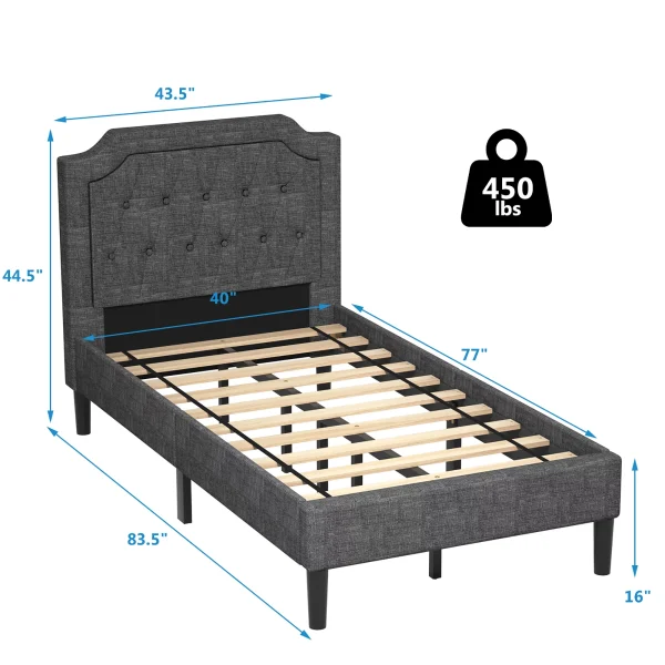 Costway Twin Upholstered Platform Bed Frame Linen Headboard Mattress Foundation, Grey - Image 3