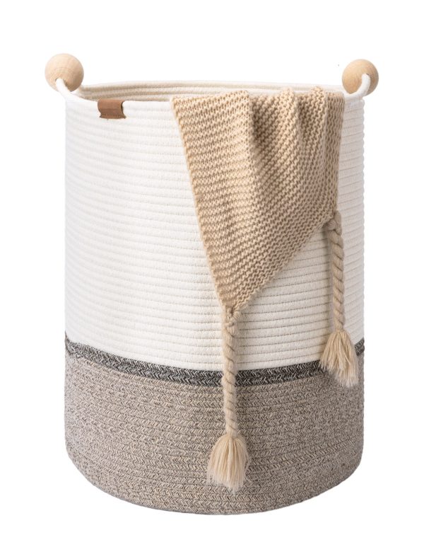 StorageWorks 58L Cotton Rope Laundry Basket with Wooden Beads Handles