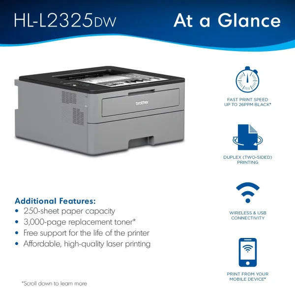 Brother HL-L2325DW Monochrome Laser Printer, Wireless Networking, Duplex Printing - Image 3
