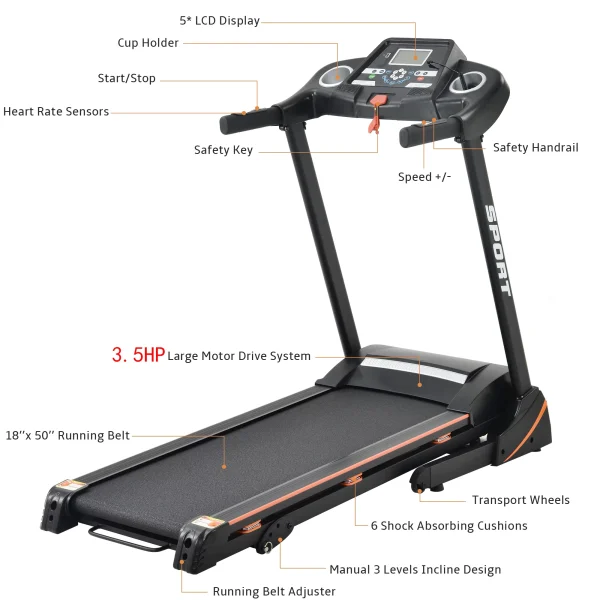 JT 3.5HP Folding Electric Treadmill With Incline Medium Running Machine ,330lb Folding Treadmill Electric Motorized Power 14.8KM/H ,Grade III adjustable - Image 3