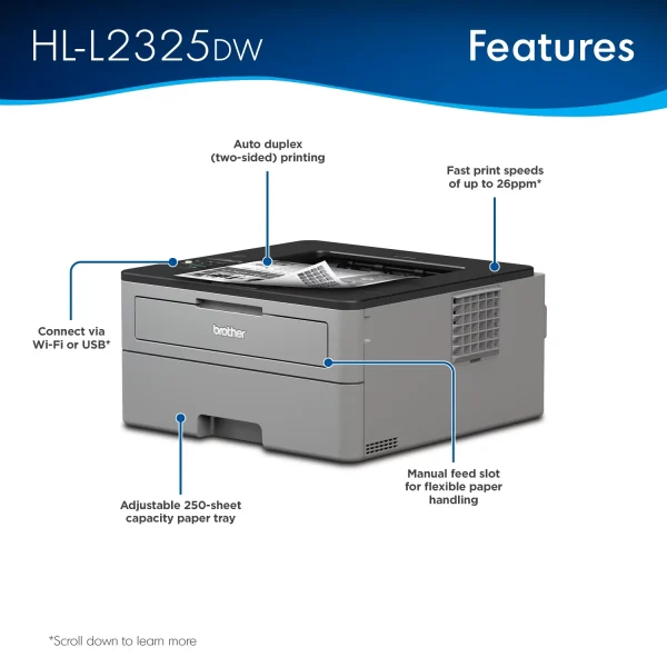 Brother HL-L2325DW Monochrome Laser Printer, Wireless Networking, Duplex Printing - Image 2